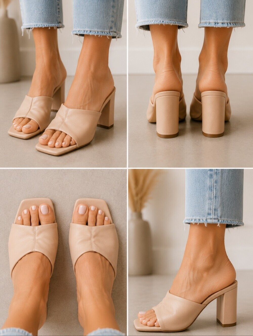 Soft Minimalist Nude Square Toe Mule Heels Block Heel Slides 9M Quiet Luxury